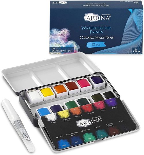 Set de 12 buc. vopsele acrilice Artina Colaro + bonus pensula cu recipient de apa