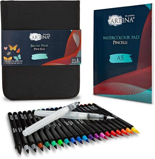 Set de caligrafie Artina Pincelli 20 pixuri colorate + 2  pixuri acuarele